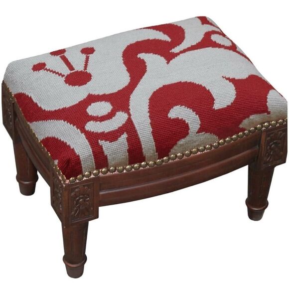 SketchONE Wool Needlepoint Upholstered Footrest, Damask, Red/Gray / excellent - Picture 1 of 3